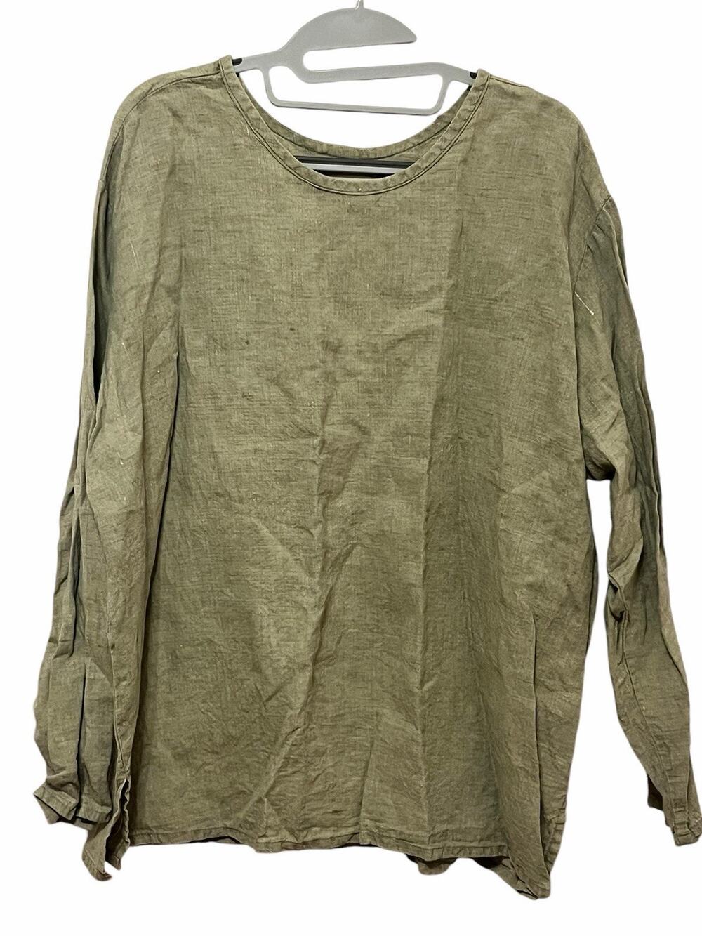 Flax Popover Top Tunic Linen •L• 3/4 Sleeve Casual Lagenlook Sage Green Shirt
